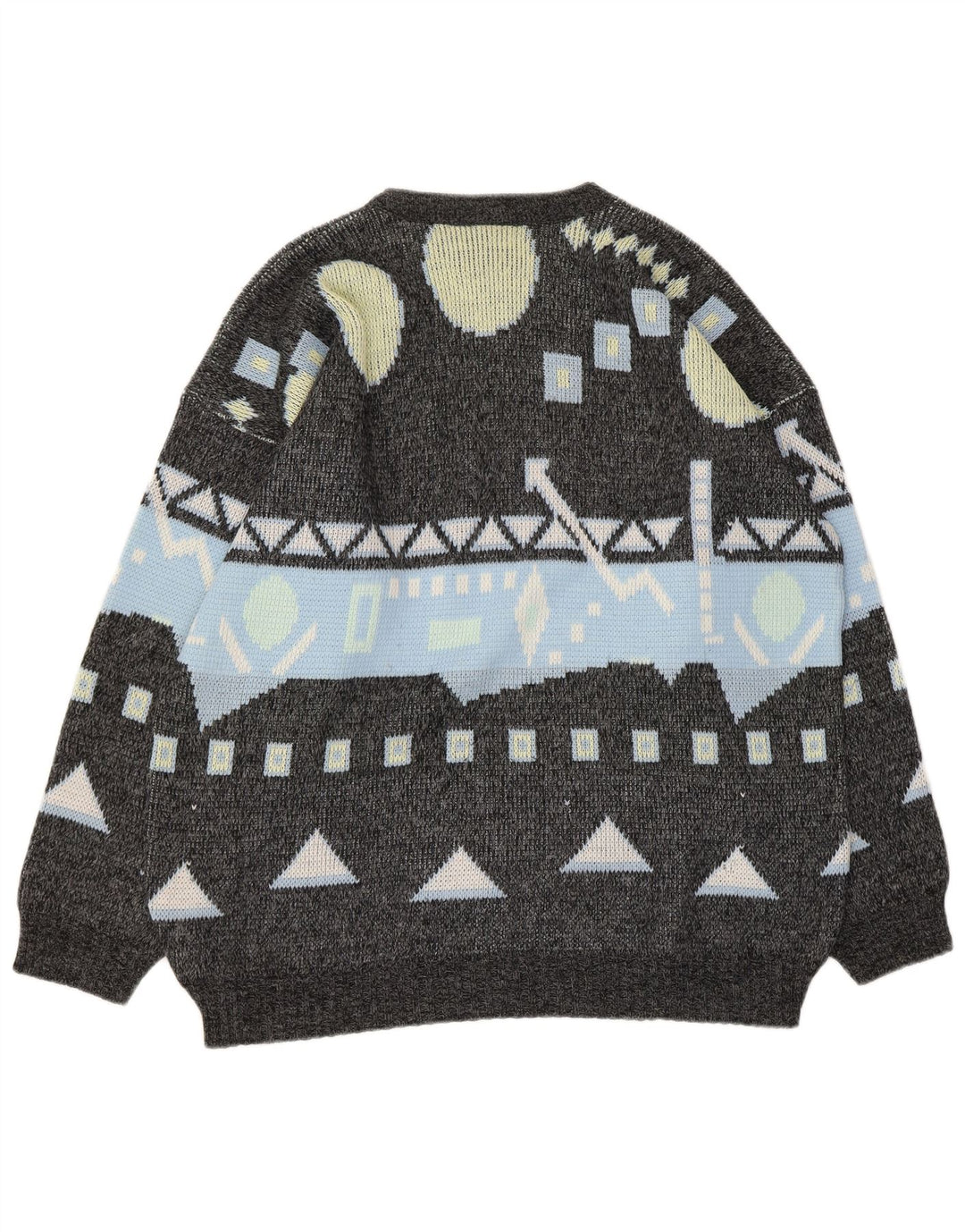 vintage Mens Crew Neck Jumper Pull Grand Gris Géométrique