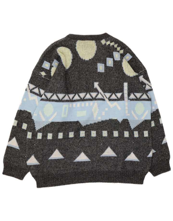 vintage Mens Crew Neck Jumper Pull Grand Gris Géométrique
