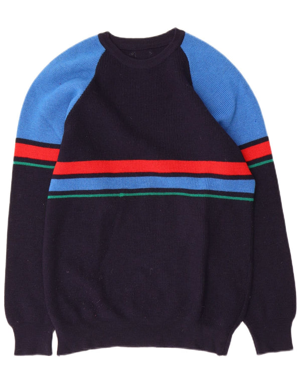 vintage Mens Crew Neck Jumper Pull Bleu Marine Moyen Colorblock