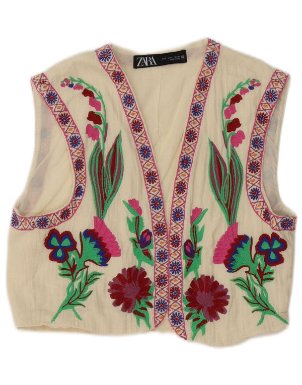 Zara Femme Gilet UK 10 Petit Coton Floral Blanc