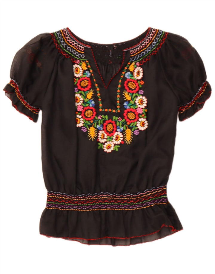 VINTAGE Femmes Voir à travers Blouse Top UK 16 Grand Noir Floral