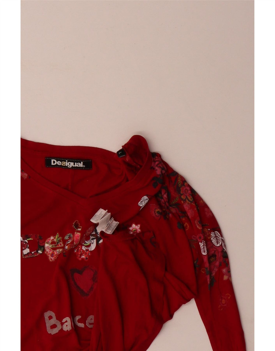 DESIGUAL Haut Barcelone Graphique à Manches Longues pour Femme UK 16 Grand Coeur Rouge