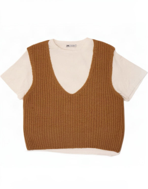 Zara Chemisier Femme Top UK 10 Petit Coton Colorblock Marron
