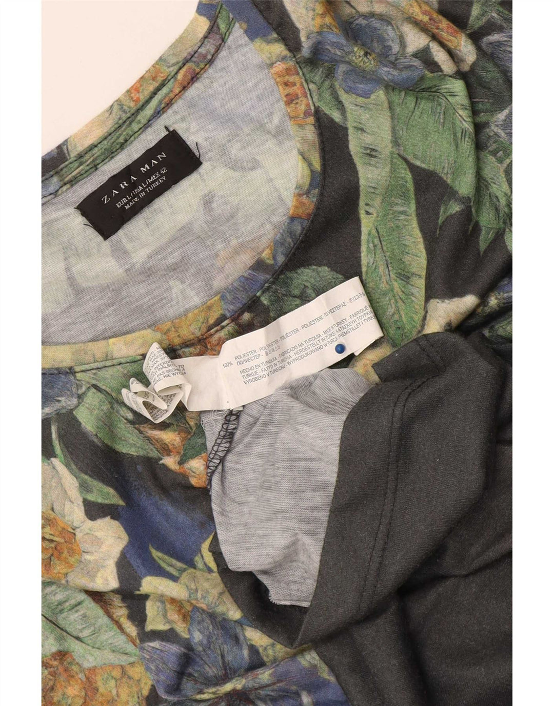 Zara Mens Graphic T-Shirt Top Large Gris Floral Polyester