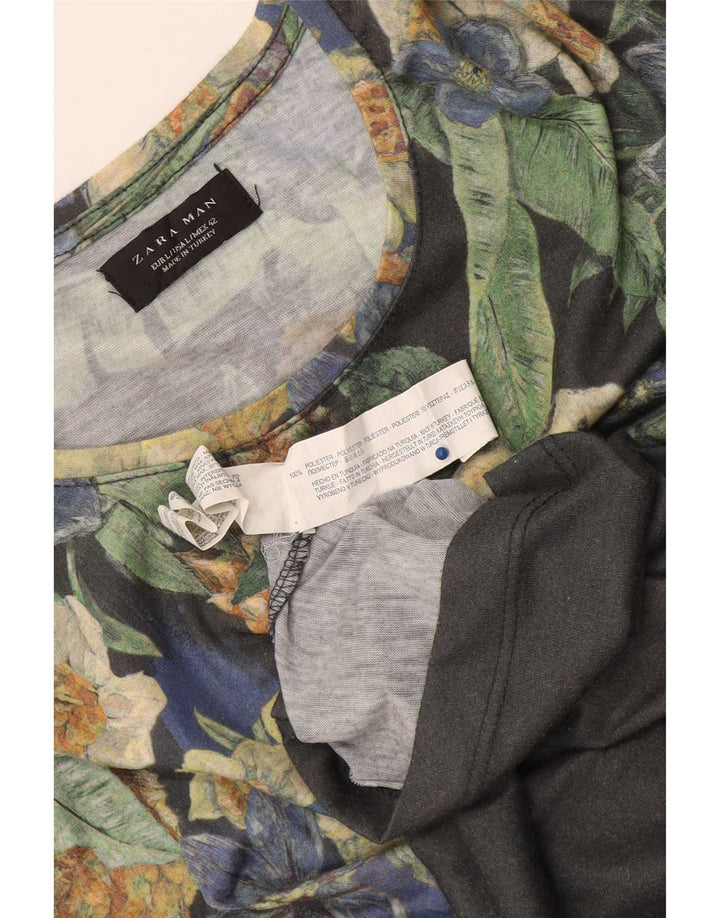 Zara Mens Graphic T-Shirt Top Large Gris Floral Polyester