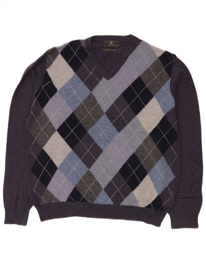 Marks & Spencer Pull col V pour homme Violet moyen Argyle/Diamant