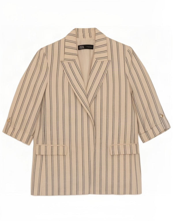 Zara Veste blazer à manches 3/4 pour femme UK 10 Petit blanc cassé rayé