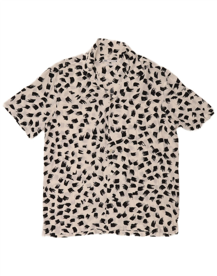 Zara Chemise à manches courtes pour hommes, coupe régulière, grande viscose mouchetée blanche