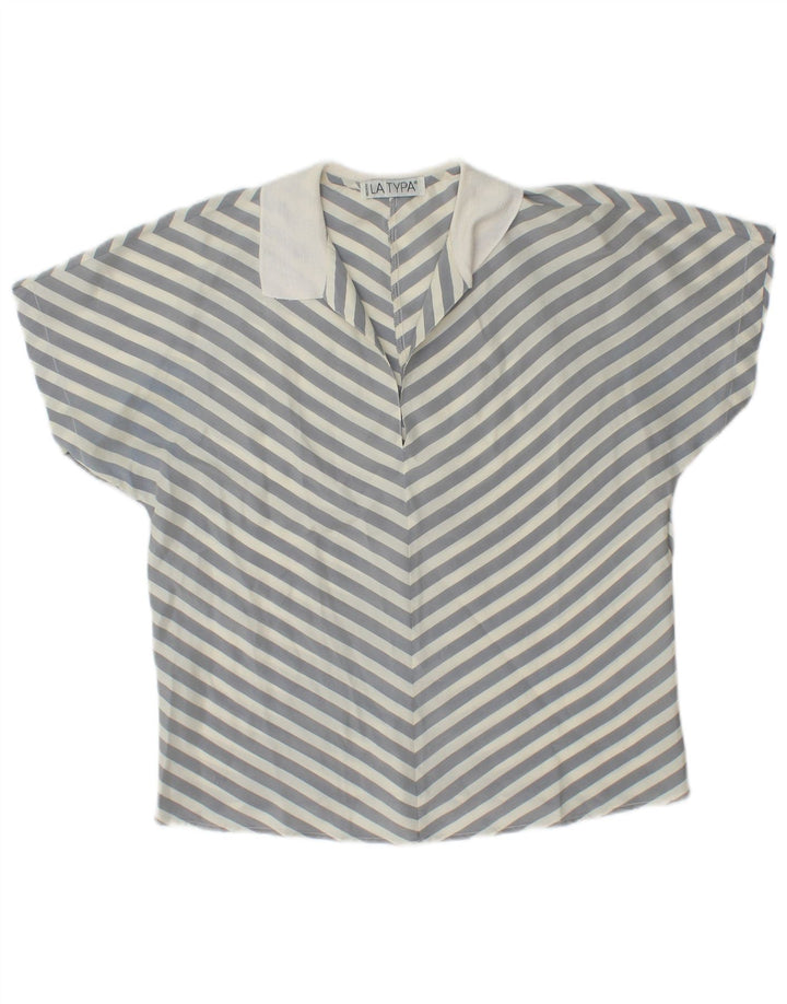 vintage Femmes Manches Courtes Pull Chemise Blouse UK 14 Gris Moyen Rayé