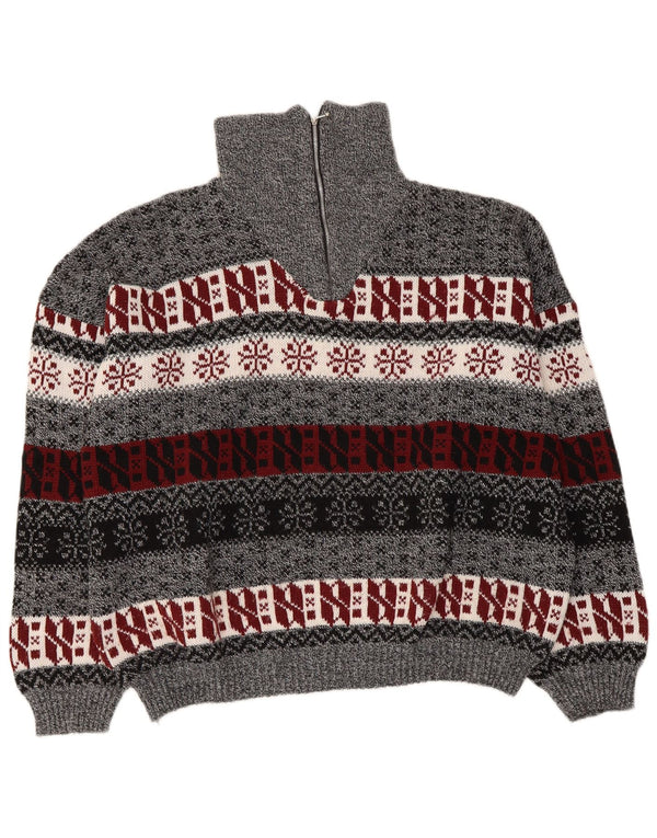 vintage Femme Zip Neck Jumper Pull UK 14 Moyen Gris Fair Isle