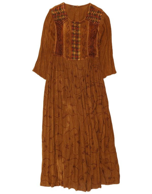 vintage Femmes 3/4 Manches Maxi Robe UK 10 Petit Marron Paisley