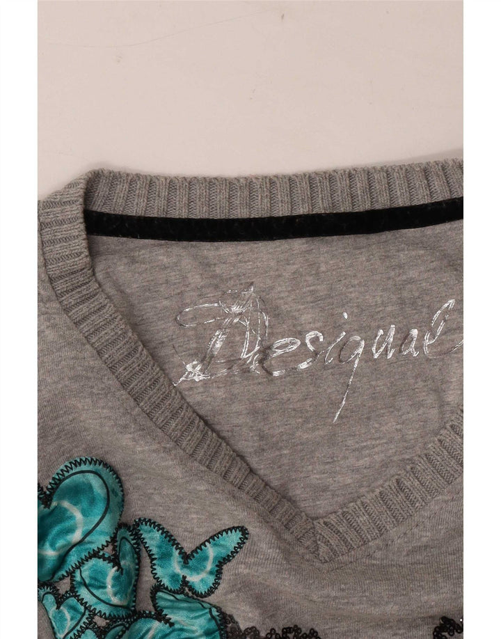Desigual Femme Graphic Top Manches Longues UK 14 Coeur Gris Moyen