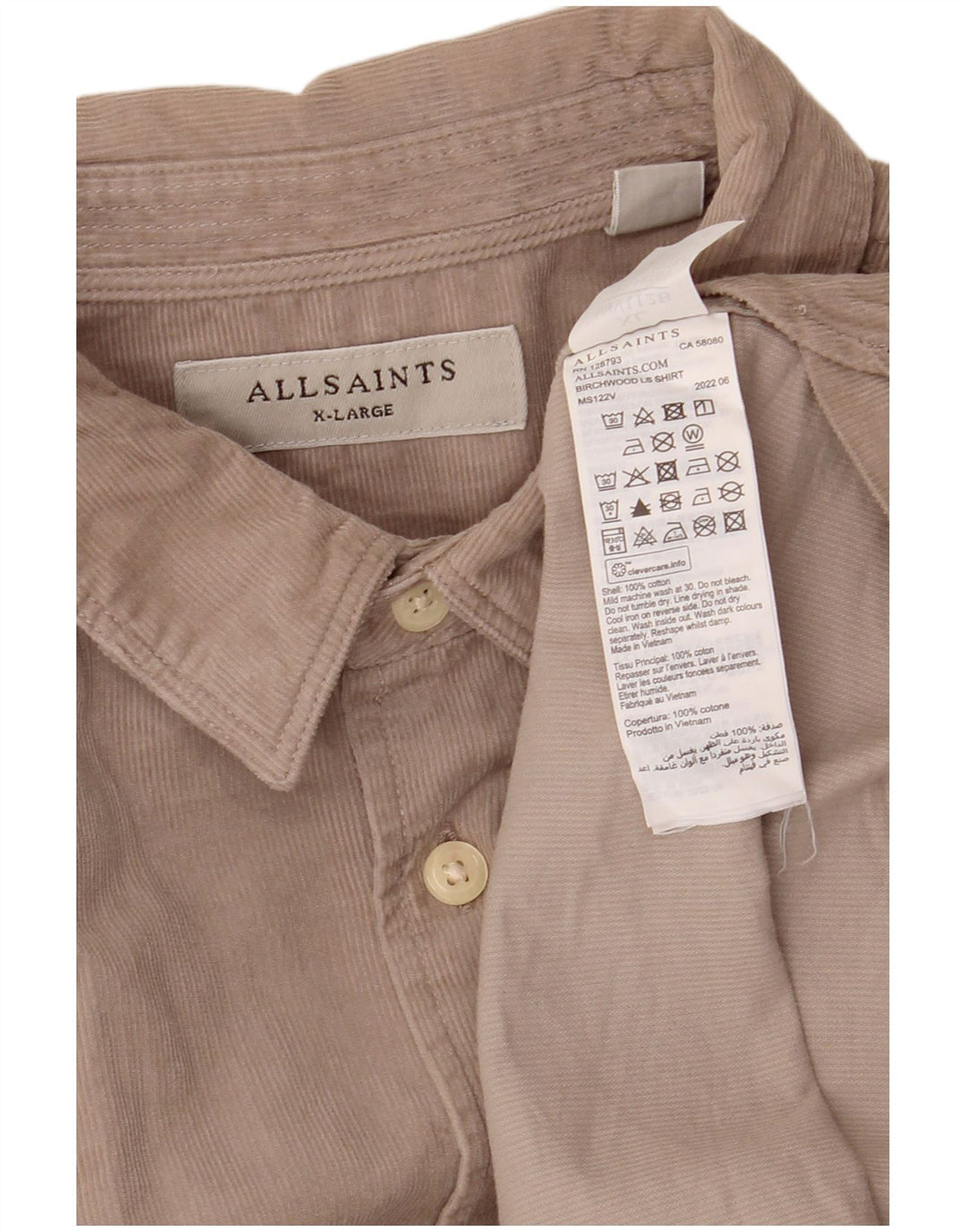 ALL SAINTS Chemise Velours Côtelé XL Beige Coton Homme