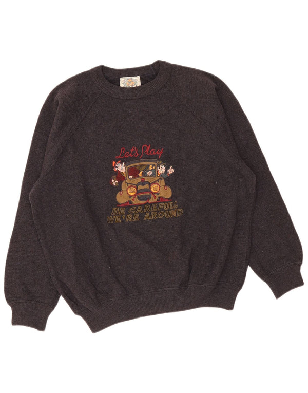 vintage Womens Graphic Crew Neck Jumper Pull UK 14 Grande laine grise
