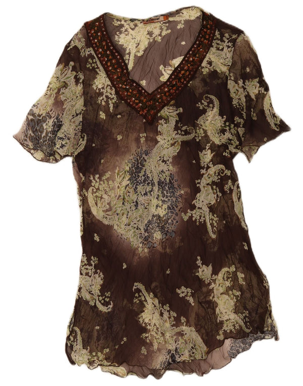 Robe tunique à manches courtes femme vintage UK 14 Medium Brown Floral