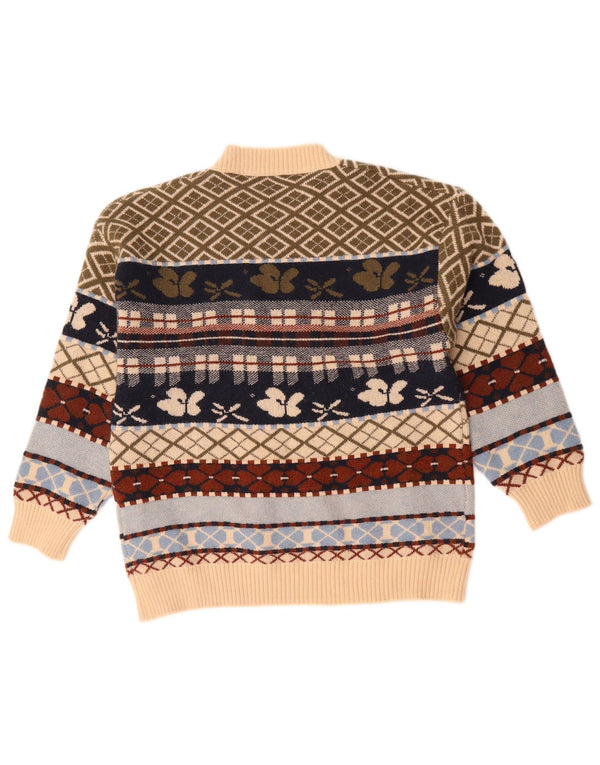 vintage Womens Crew Neck Jumper Sweater UK 14 Grand Beige Géométrique