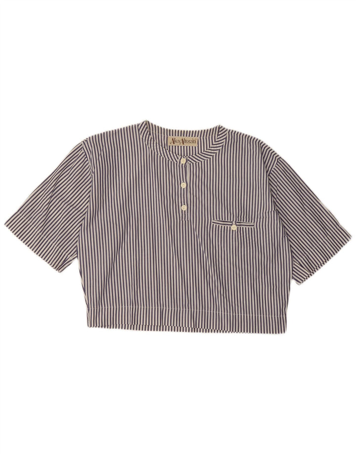 VINTAGE Femmes Crop Blouse Top UK 14 Grande Rayure Bleu Marine