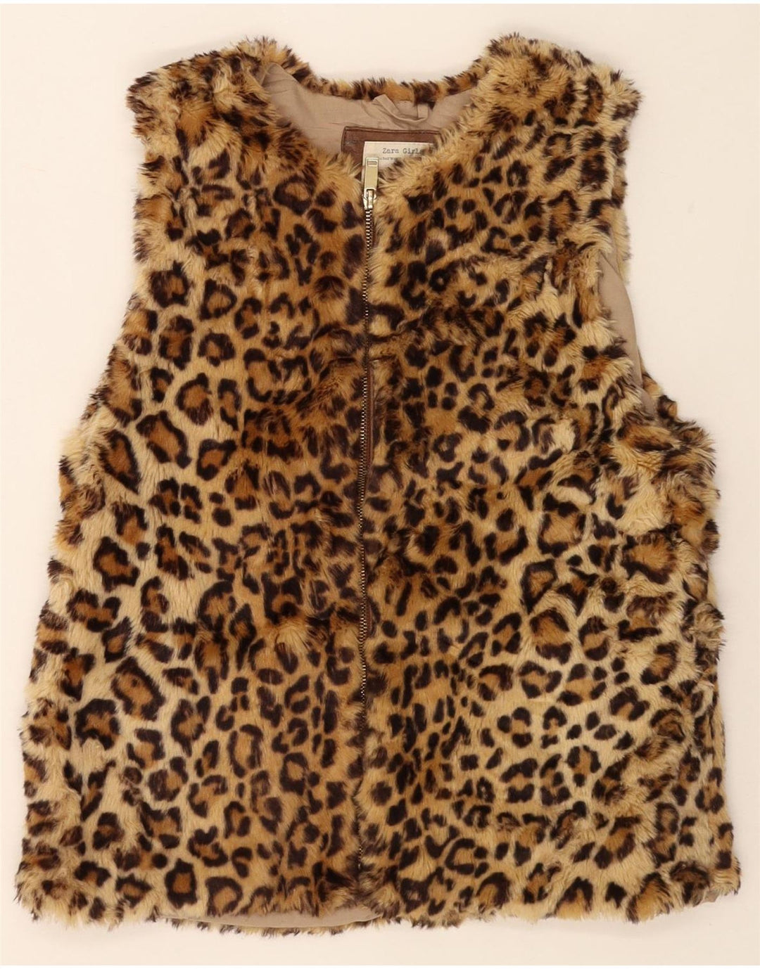 ZARA Filles Gilet En Fausse Fourrure 13-14 Ans Marron Imprimé Animal Polyester