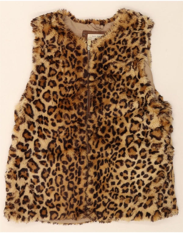 ZARA Filles Gilet En Fausse Fourrure 13-14 Ans Marron Imprimé Animal Polyester