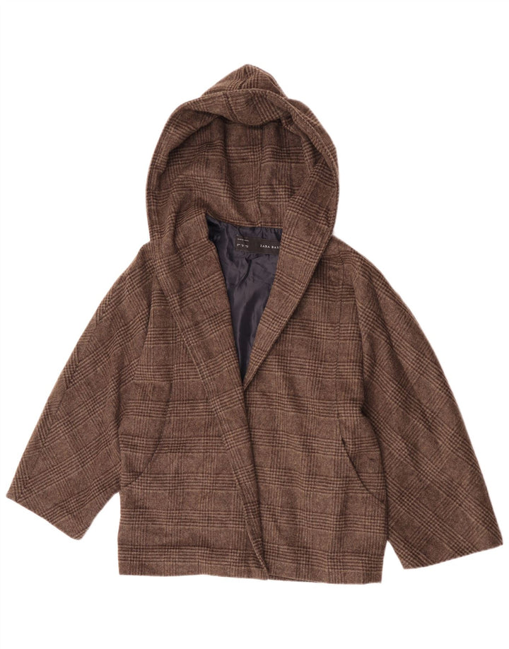 Zara Veste bomber ouverte à capuche pour femme UK 14 Marron moyen à carreaux en polyester