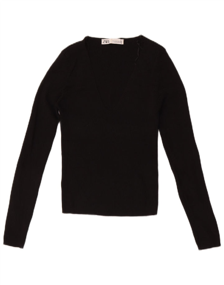 Zara Femme Crop Top Manches Longues UK 12 Medium Noir Viscose