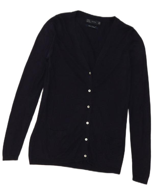 ZARA Femme Cardigan Pull UK 12 Moyen Marine Bleu Soie