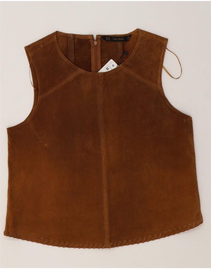 Zara Chemisier sans manches en daim pour femme UK 14 Cuir marron moyen