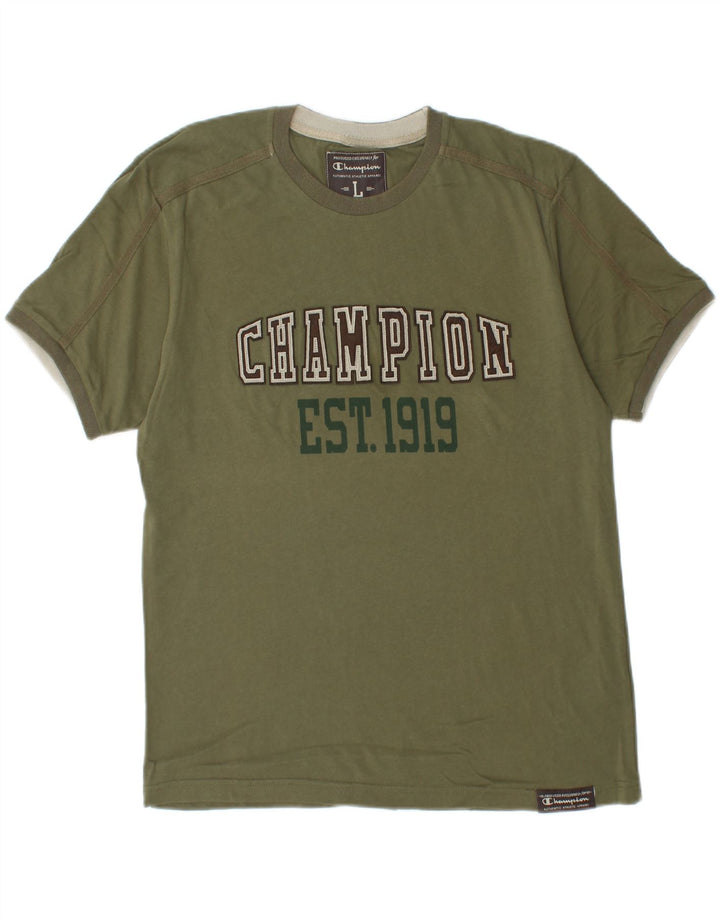CHAMPION Mens Graphic T-Shirt Top Large Khaki Cotton