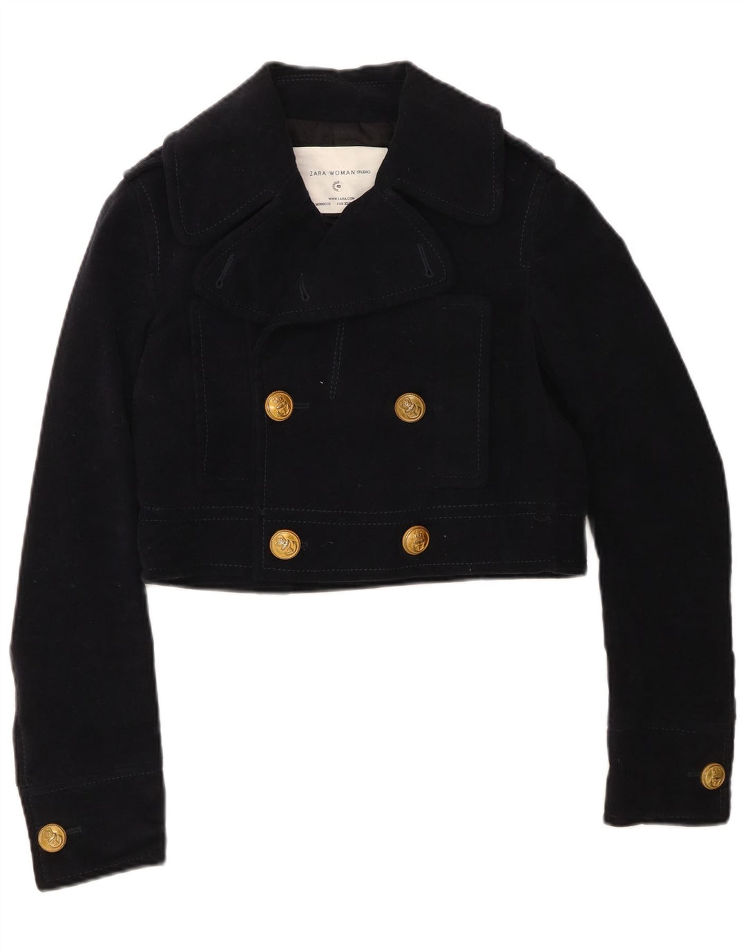 Zara Womens Crop Double Breasted Bomber Jacket UK 6 XS Bleu Marine Coton