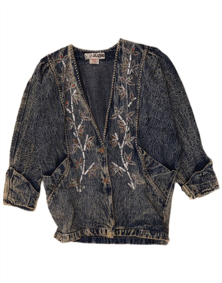 JAZZINO Veste en jean surdimensionnée à manches 3/4 pour femme UK 18 XL Bleu floral