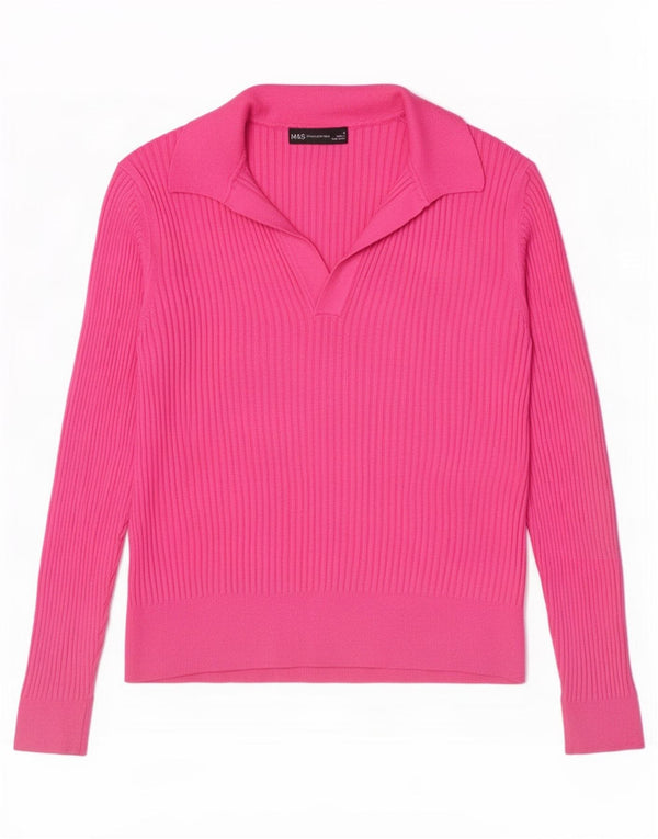 Marks & Spencer Womens Long Sleeve Polo Shirt UK 16 Large Pink Viscose