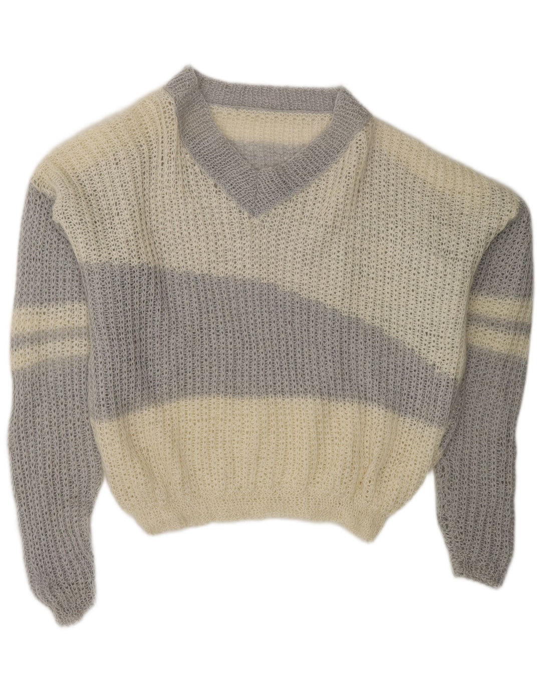 VINTAGE Pull col en V pour femme UK 20 2XL Blanc cassé Colourblock