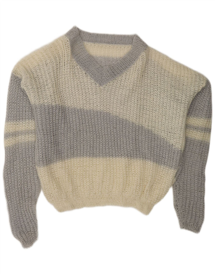 VINTAGE Pull col en V pour femme UK 20 2XL Blanc cassé Colourblock