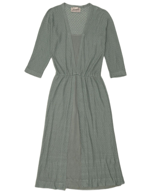 vintage Femmes 3/4 Manches Maxi Robe IT 44 Lin Vert Moyen Boho