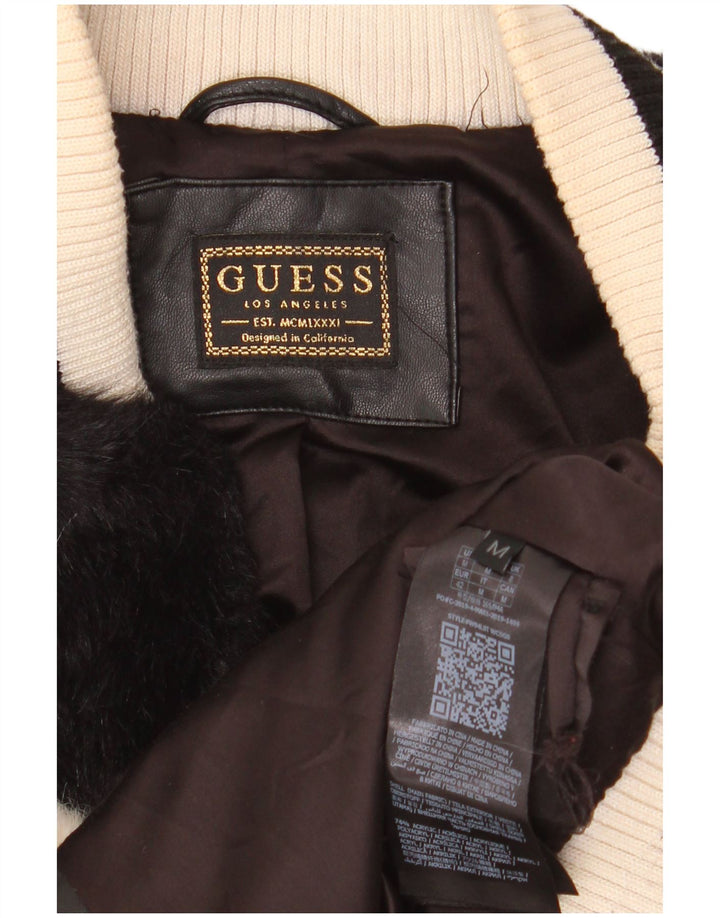 GUESS Veste Bomber en Fausse Fourrure pour Femme UK 14 Acrylique Colorblock Beige Moyen
