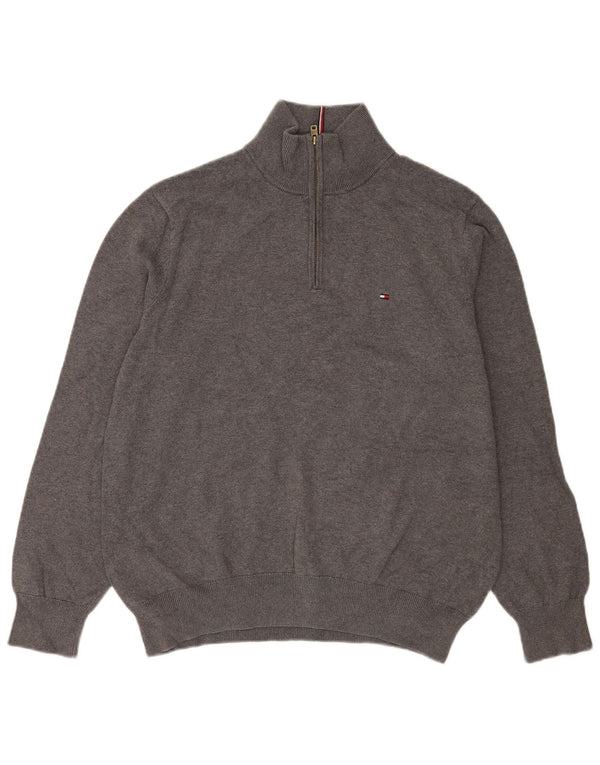 Tommy Hilfiger Pull à col zippé pour homme Large Gris Coton