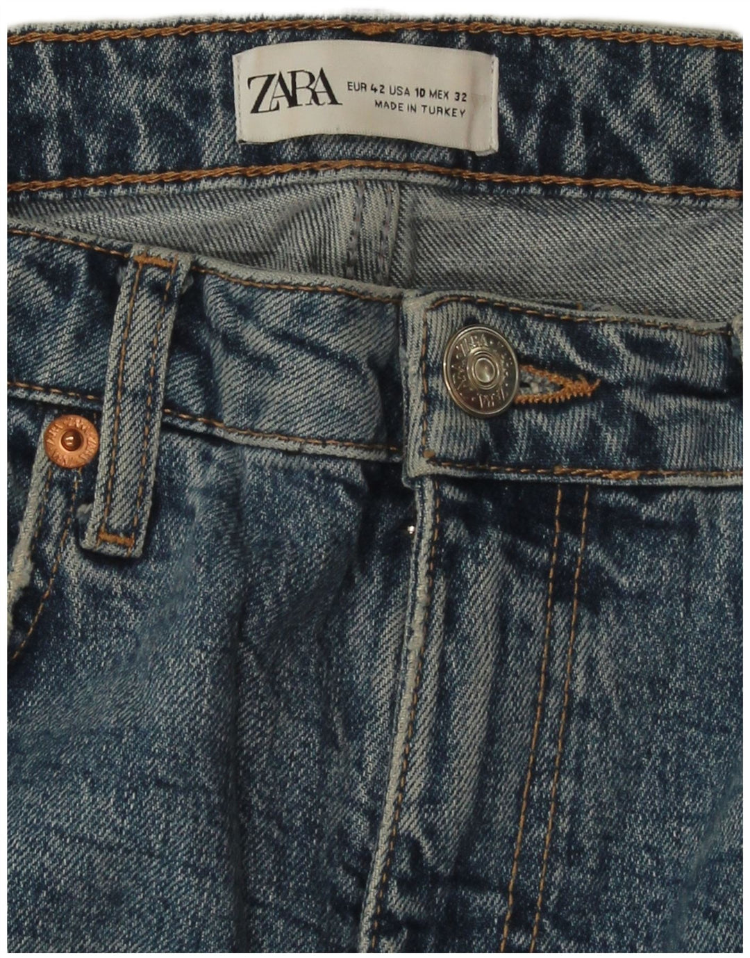 ZARA Jean droit vieilli pour femme EU 42 Large W32 L27 Bleu