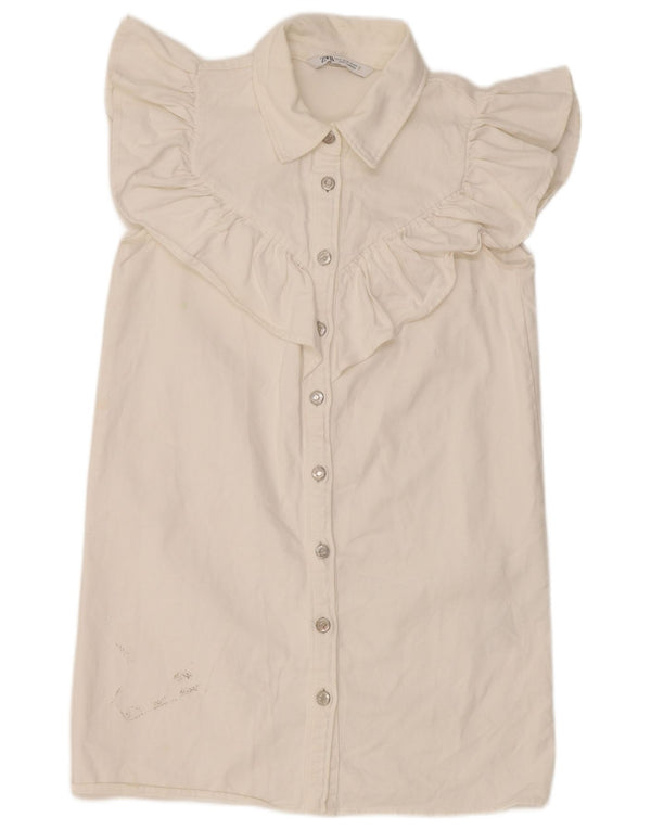 Zara Womens Ruffle Front Denim Dress UK 12 Medium White Cotton