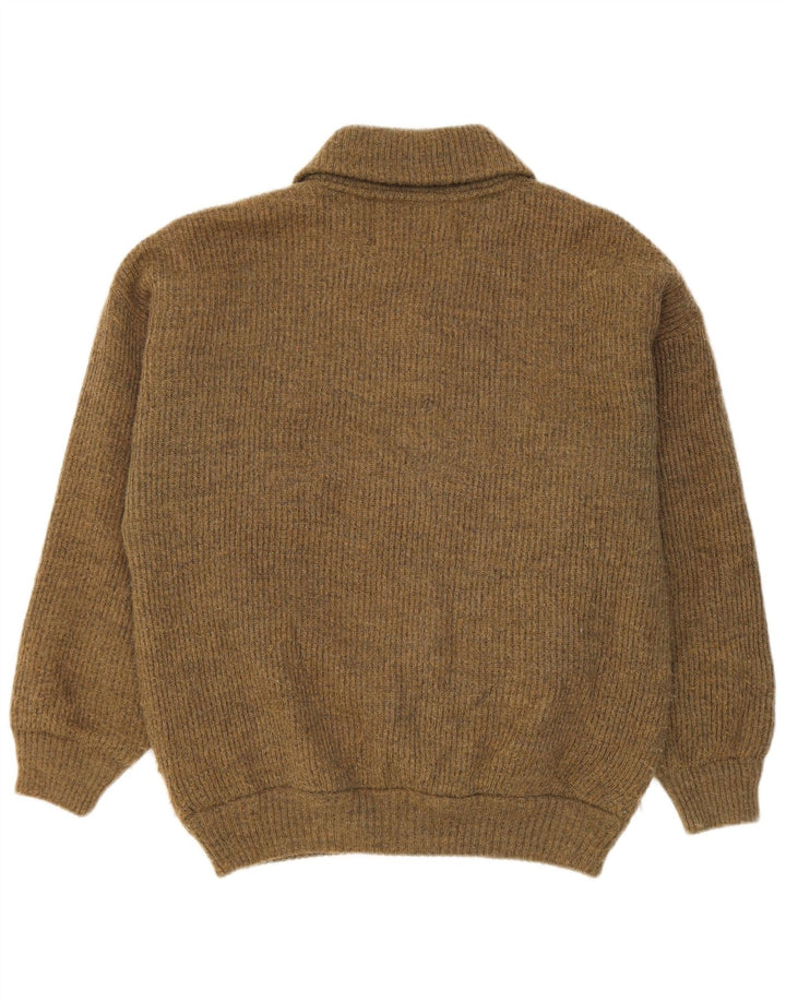 vintage Mens Cardigan Pull Moyen Kaki Laine Géométrique