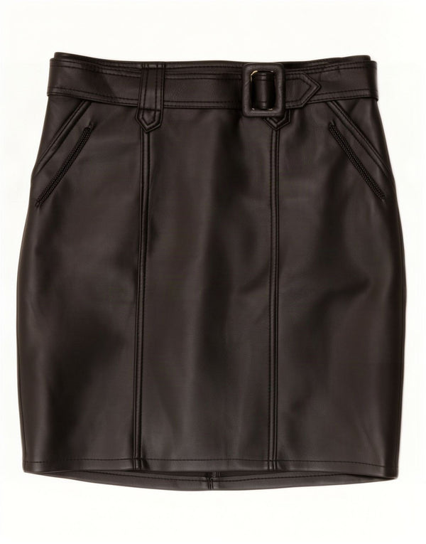 vintage Femme Mini Jupe En Cuir Grande W34 Noir