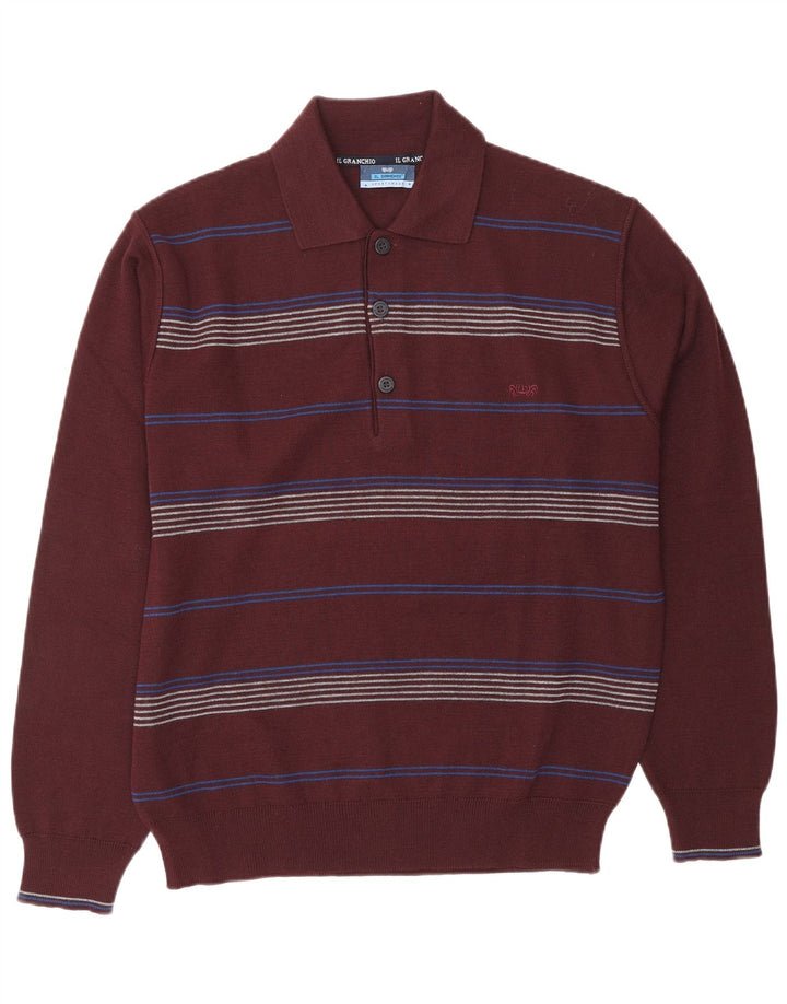 IL GRANCHIO Pull col polo pour homme en laine rayée marron