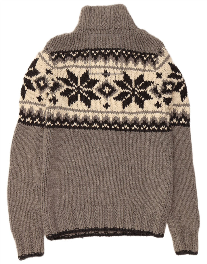 SUPERDRY Pull à col boutonné pour homme en laine Fair Isle gris moyen