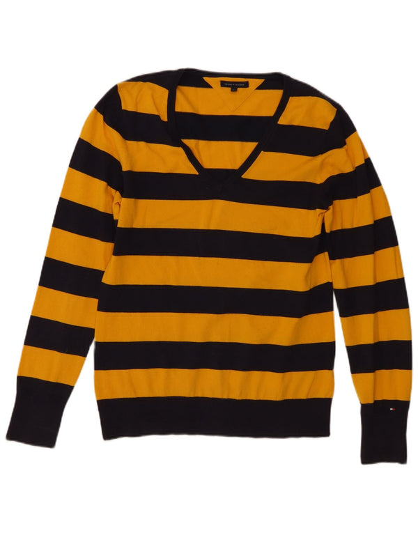Tommy Hilfiger Pull col en V pour femme UK 14 Large Jaune Rayé