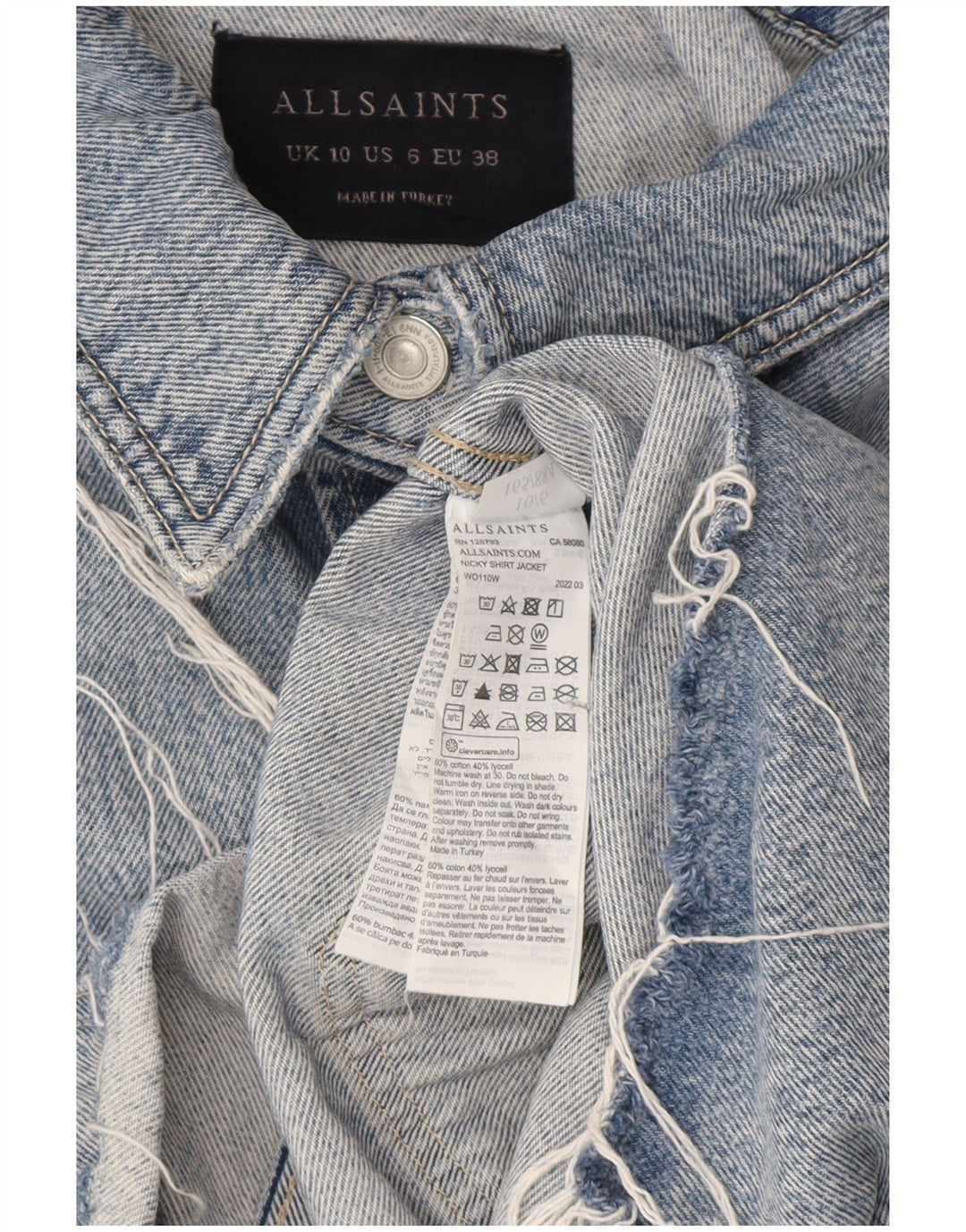 All Saints Veste en jean surdimensionnée pour femme UK 10 Petit coton bleu