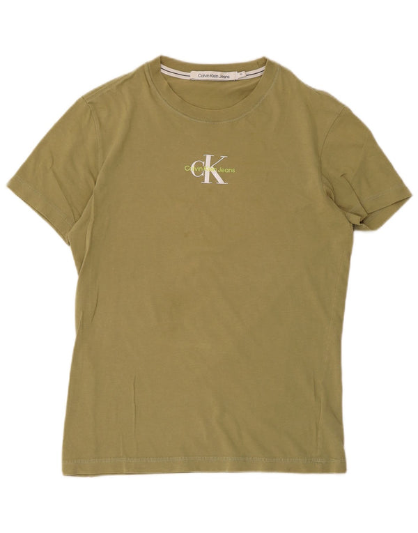 Calvin Klein Jeans T-shirt graphique pour femme UK 6 XS Kaki Coton