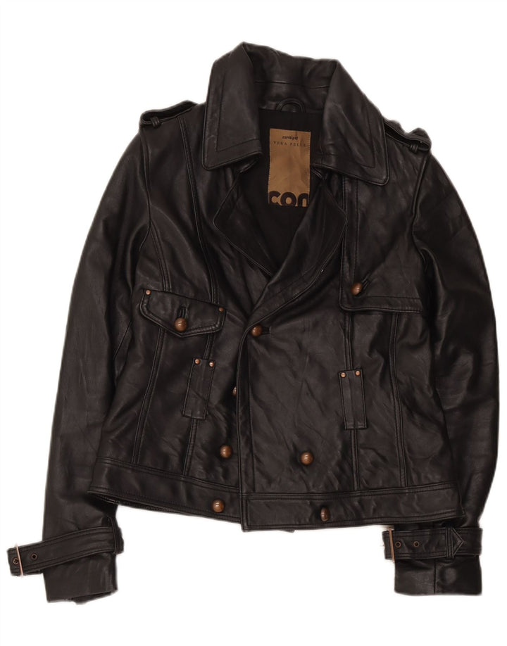 Conbipel Veste en cuir double boutonnage pour femme UK 12 Cuir noir moyen