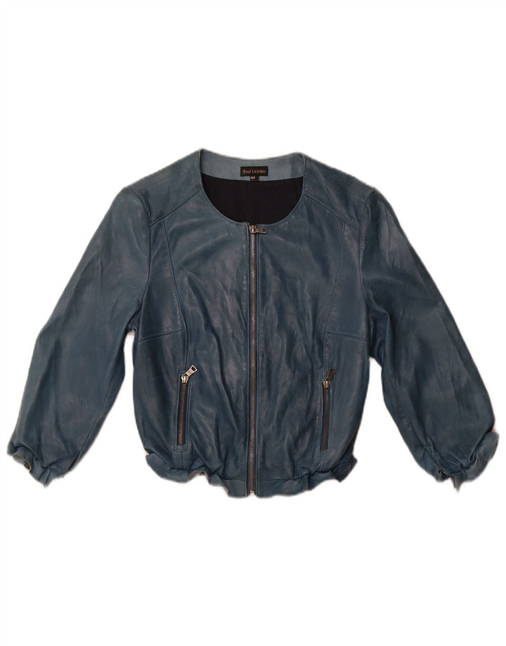 VINTAGE Veste en cuir à manches 3/4 pour femme IT 44 Cuir bleu moyen