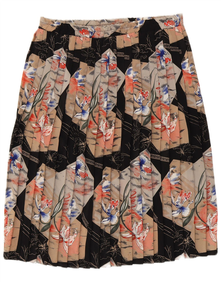 VINTAGE Femme Couteau Jupe Plissée Moyen W30 Noir Floral Polyester
