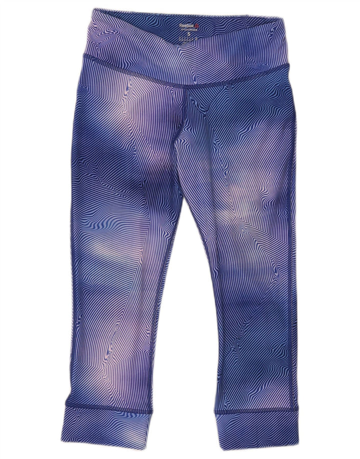 Reebok Femmes Capri Leggings UK 8/10 Petit Bleu Rayé