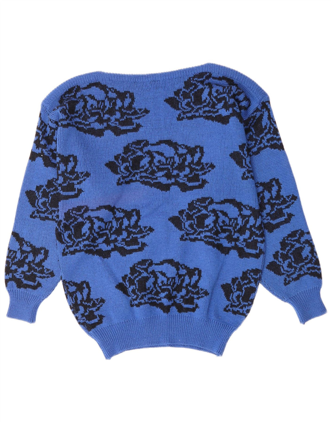 vintage Femmes Bateau Cou Jumper Pull UK 14 Moyen Bleu Floral